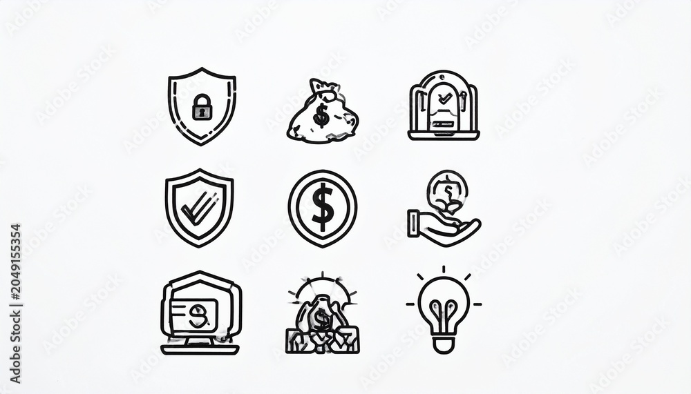 Fototapeta premium Minimalist Business Finance and Secure Asset Management Linear Icon Set