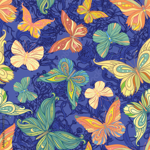 Seamless patterned butterfly background, vector illustration . Wallpaper, tex...