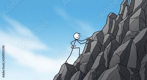 Schilderij op canvas Stick figure climbing a steep rocky mountain cliff face.