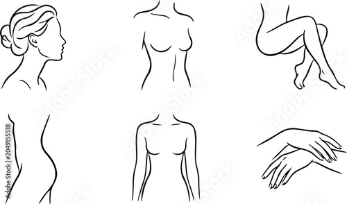 Canvastavla Elegant minimalist line art drawings of female body parts and portrait