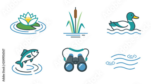 Collection of flat icons representing nature and outdoor activities like bird watching and fishing