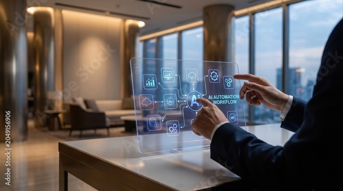 AI Workflow Automation Concept with Digital Process Network Icon, Business Leader Driving Productivity in Luxury Corporate Workspace