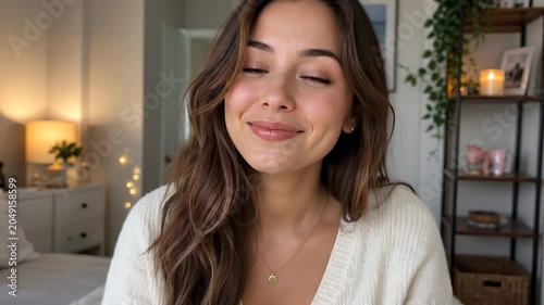 Young woman smiling and waving hello in a cozy, well-lit room