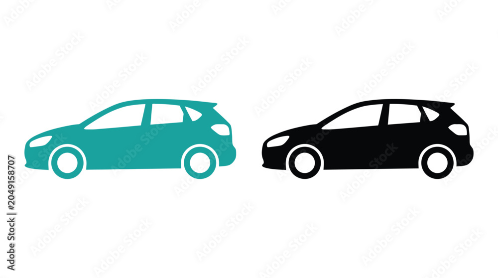 Fototapeta premium Compact hatchback car silhouettes teal and black on white background