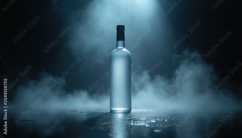 Obraz premium Clear glass vodka bottle sweats with condensation, sits on wet dark surface with dramatic light and cool smoke. Product mockup for bar or beverage ads.