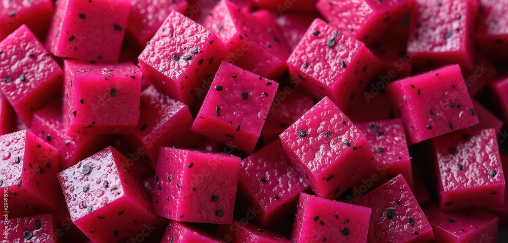 Obraz premium Vibrant pink dragon fruit cubes with black seeds scattered. Pitaya pieces create a textured background. Healthy tropical food ingredient for recipes.
