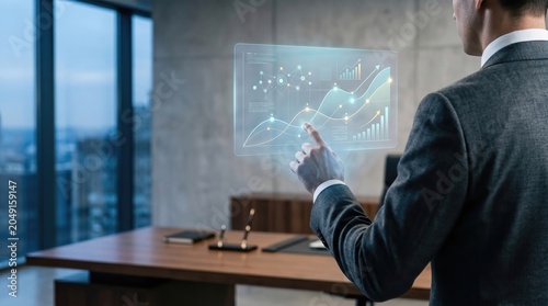 Global Currency Volatility Concept with Digital Exchange Icon, Professional in Dark Corporate Office Representing Economic Instability and Financial Markets