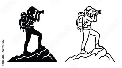 Fotografie Silhouette Of A Female Photographer With Backpack On Rocky Terrain
