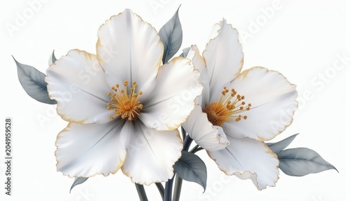 Delicate white flowers with gold trim and grey leaves. Watercolor art style. Elegant floral design for luxury or botanical themes. Soft natural beauty.