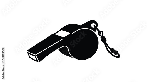 Black silhouette of a sports whistle with lanyard on white background
