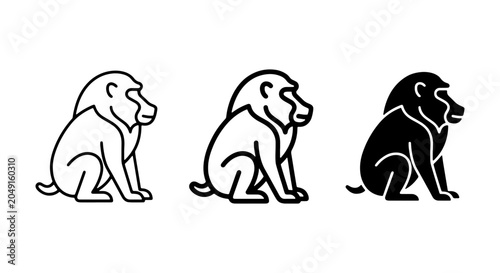 Photography Baboon Icon Set, Sitting Primate Vector Graphics, Simple Animal Silhouette Colle