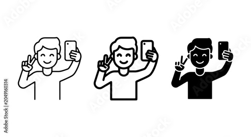 Foto Man Taking Selfie with Peace Sign, Vector Icon Set: Outline, Silhouette, Solid F