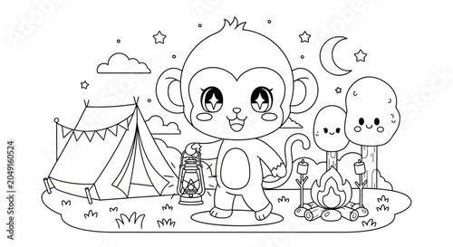Cute cartoon monkey enjoying a fun night camping under the stars, holding a lantern by a cozy campfire with marshmallows, perfect for a children's coloring page.