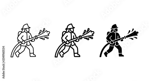 Photos Firefighter Icons Set, Heroic Emergency Service Personnel Spraying Water, Profes