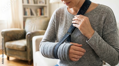 Woman wearing arm sling for shoulder injury recovery. Patient with broken arm rehabilitating at home. Orthopedic medical support device for limb immobilization and pain management care.