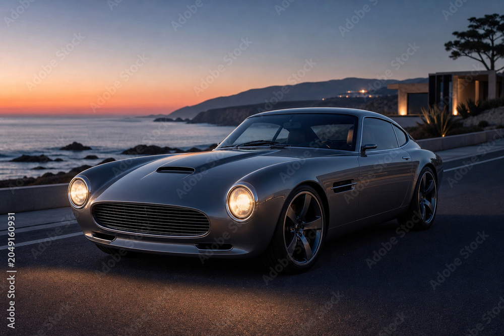 Fototapeta premium Elegant Coupe on Scenic Coastal Road at Twilight