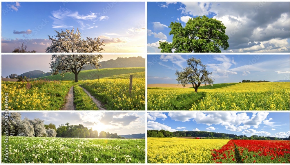 Fototapeta premium Collage of spring and summer landscapes, blooming flowers, green meadows and trees, hilly landscape with mountains, blue cloudy sky with sunrise or sunset, wallpaper illustration for banner or template background, AI generated