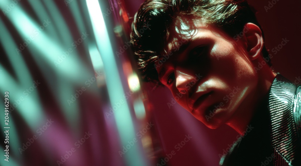 Cinematic portrait of a young man in neon lighting. Moody close up with teal and red light. Fashionable male model in dark urban setting