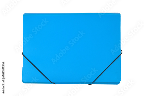 blue rectangular folder with elastic bands is located horizontally in the center on a white background