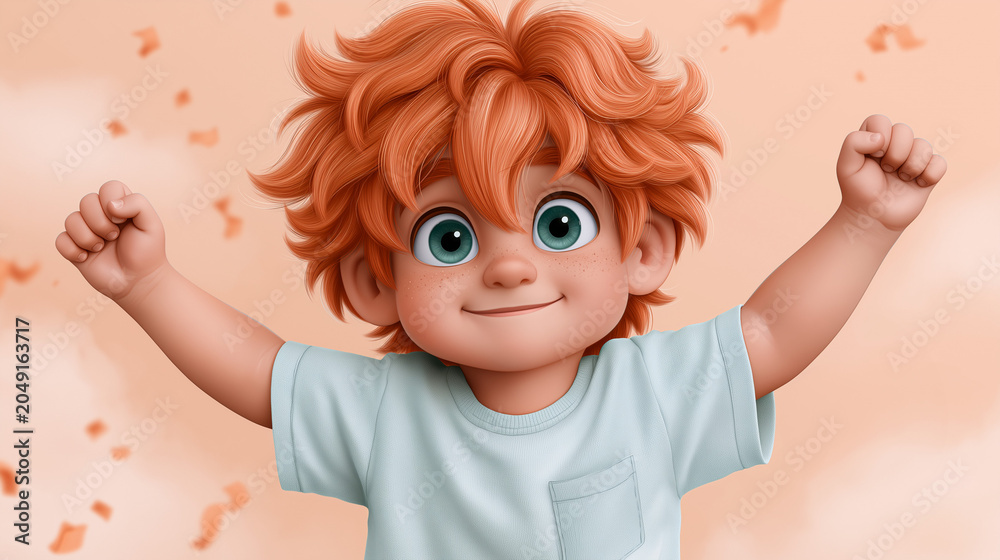 Fototapeta premium Happy young boy with curly orange hair raising arms in excitement 