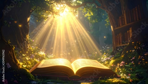 Open book glowing with light of knowledge in enchanted forest