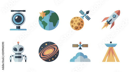 Fotografia Colorful pixel art of space technology icons.