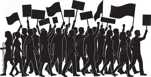 Foto Protest crowd with signs and flags silhouette collection marching for social justice activism human rights equality and political change on transparent backdrop vector