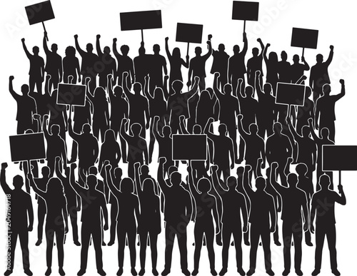 Фотография Crowd of people protesting with raised fists and holding protest signs, demonstrating for change, social activism and political demonstration