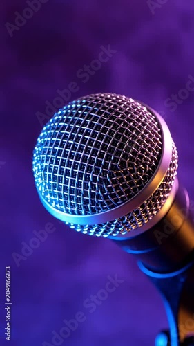 Dynamic vocal microphone close up on stage in dark blue and purple neon smoke