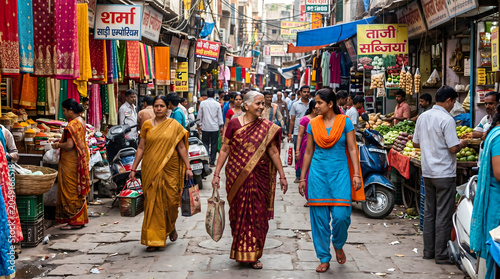 Indian women walking through busy market street