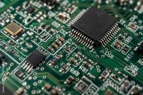 Macro View of Green Circuit Board Components