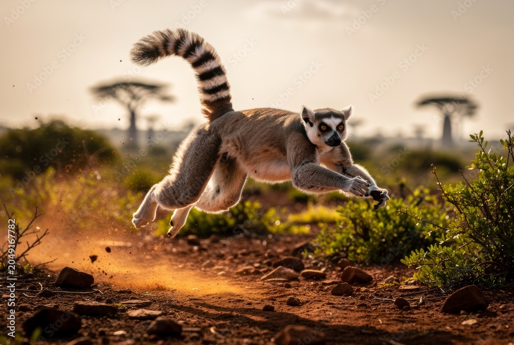 Fototapeta premium Ring-tailed Lemur Leaping Through African Savanna