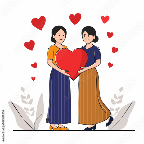 Two Women Holding a Large Red Heart with Hearts Floating Around
