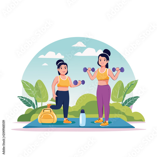 Two women exercising outdoors with dumbbells