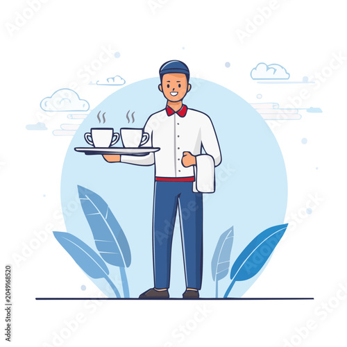 Waiter holding a tray with two cups of steaming coffee