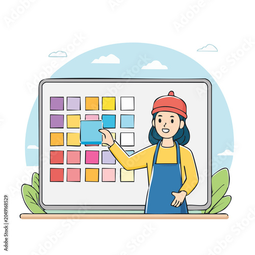 Woman selecting a color swatch from a large palette board