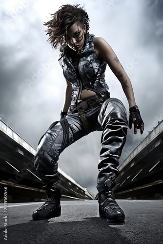 Powerful Cyberpunk Woman in Futuristic Streetwear and Boots