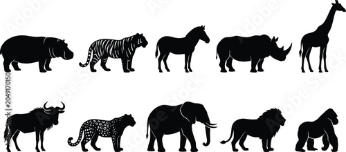 Foto African safari and wild animal silhouettes set with elephant lion giraffe tiger