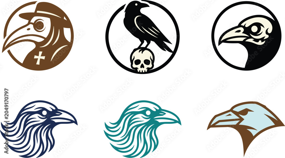 Obraz premium Raven and plague doctor vector logo emblems set with gothic crow profile skull and mystic bird illustrations