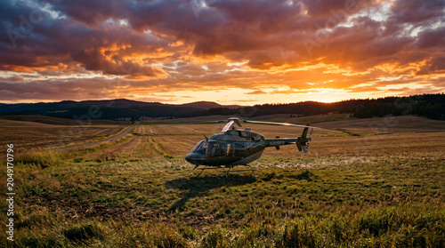 Dramatic Helicopter Emergency Landing At Sunset Over Wide Rural Field Under Bright Orange Sky Backdrop