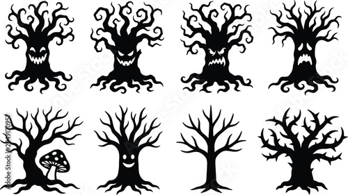 Fotografía Spooky Halloween tree silhouettes set with scary monster faces bare branches and