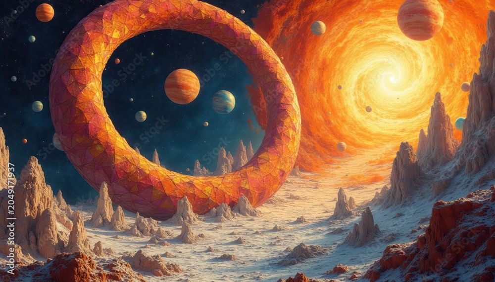 Obraz premium Surreal alien landscape with ring structure planets and swirling sun. Rocky terrain under cosmic sky with stars and nebulae. Space exploration sci-fi fantasy.