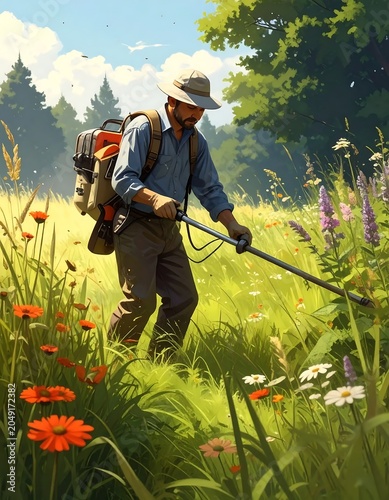 Woman hiking in mountain meadow with backpack.