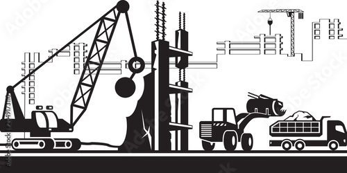Demolition of building with wrecked ball – vector illustration