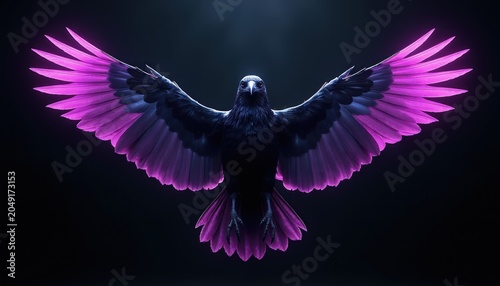 Dark raven bird spreads glowing purple wings against black background. Majestic creature with luminous feathers, powerful wingspan, ethereal beauty. Mystical symbol, dark fantasy element.