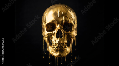 golden skull with dripping liquid black background
