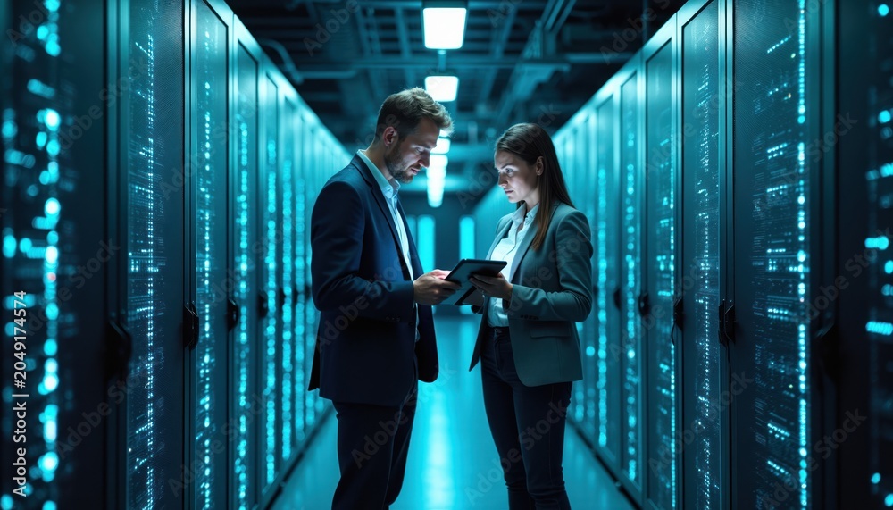 Fototapeta premium Man and woman in suits check tablet in data center server room. Technicians analyze digital information on screens. IT professionals work with computer servers, networking systems and cloud computing.