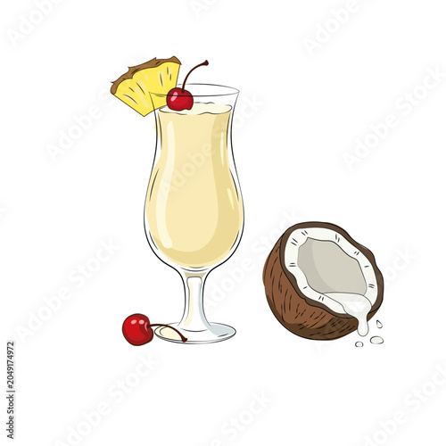 Foto Hand drawn pina colada cocktail vector set with tropical coconut, maraschino che