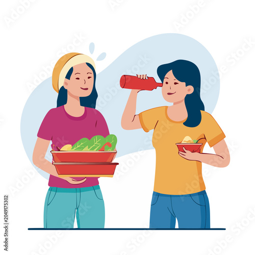 Two women enjoying healthy food and drink
