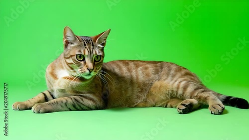 A beautiful tabby cat lying down on a vibrant green background, showcasing its striking striped coat pattern and alert expression in a professional studio setting 4k video